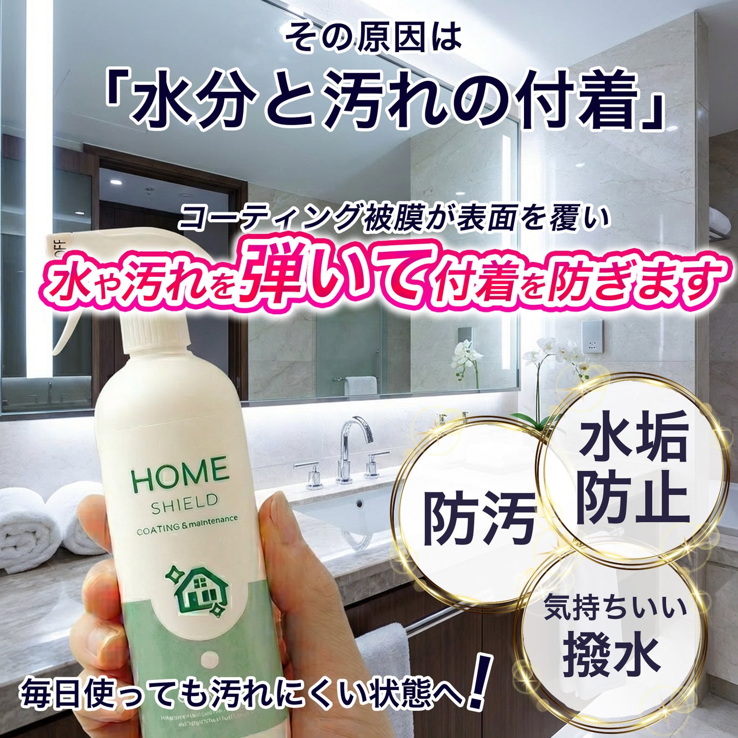 洗面台用 撥水コーティングスプレー 300ml｜水垢防止・鏡ウロコ対策・蛇口くすみ防止｜防汚・抗菌・防カビ 日本製