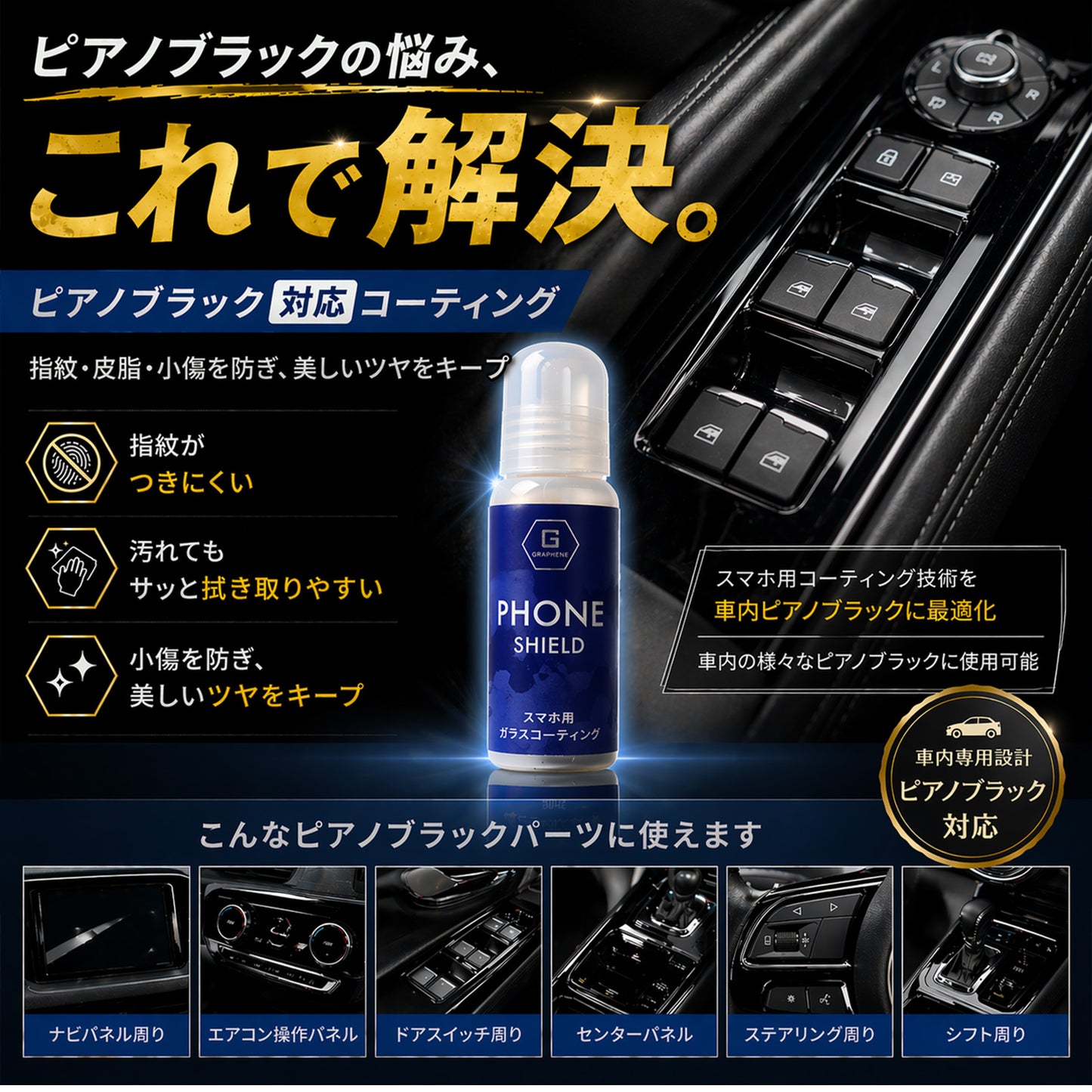 車内ピアノブラック専用 グラフェンコーティング剤 指紋防止 防汚 撥油 傷防止 内装パネル保護 艶出し ナビ シフト周り対応 拭くだけ簡単施工