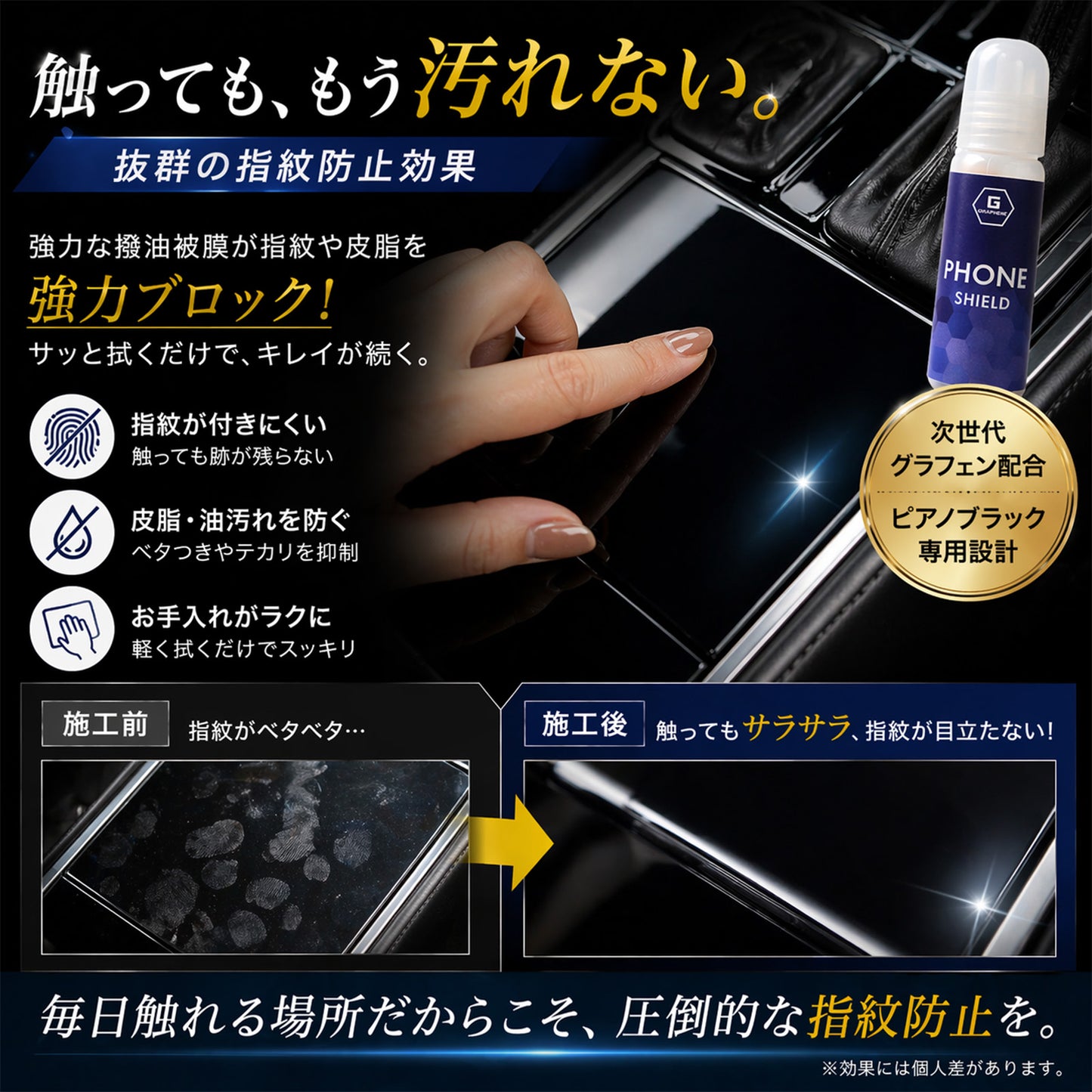 車内ピアノブラック専用 グラフェンコーティング剤 指紋防止 防汚 撥油 傷防止 内装パネル保護 艶出し ナビ シフト周り対応 拭くだけ簡単施工