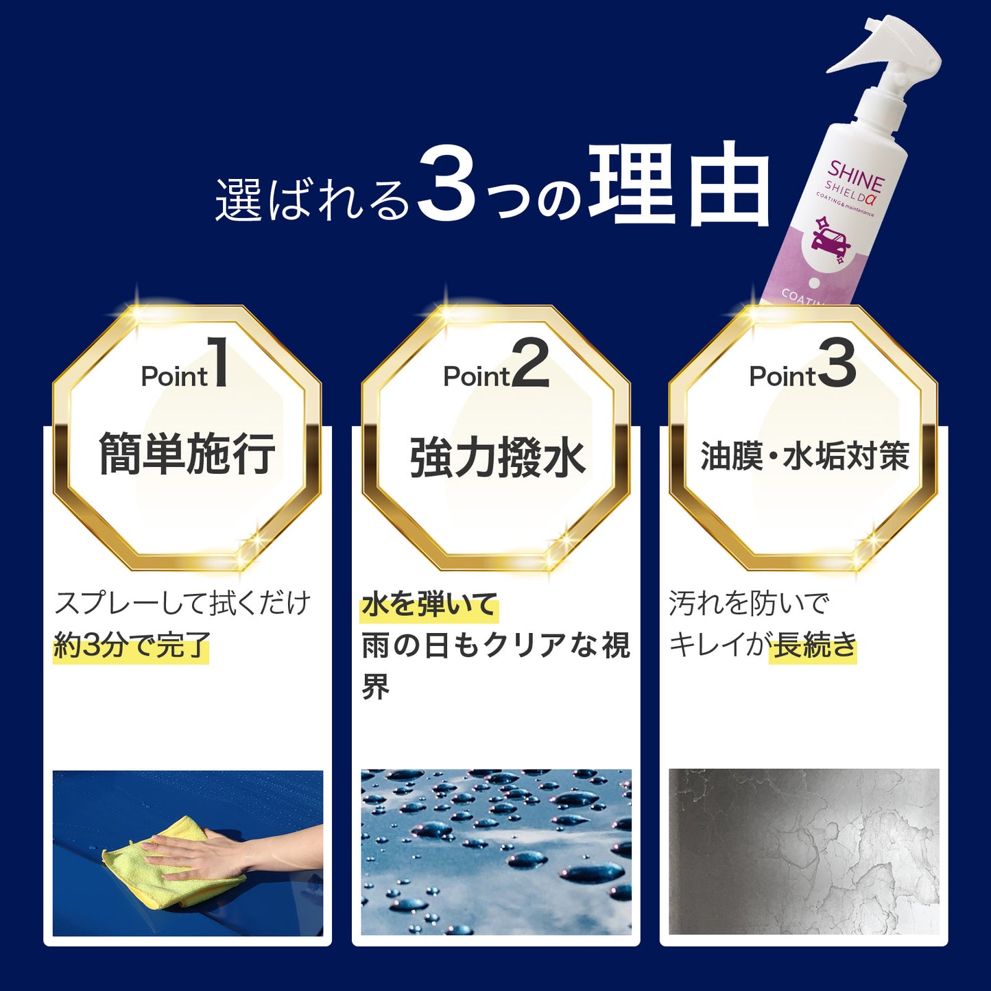 車用 撥水コーティングスプレー 200ml｜窓・ボディ対応 滑水コーティング｜水垢防止・防汚・簡単施工 日本製