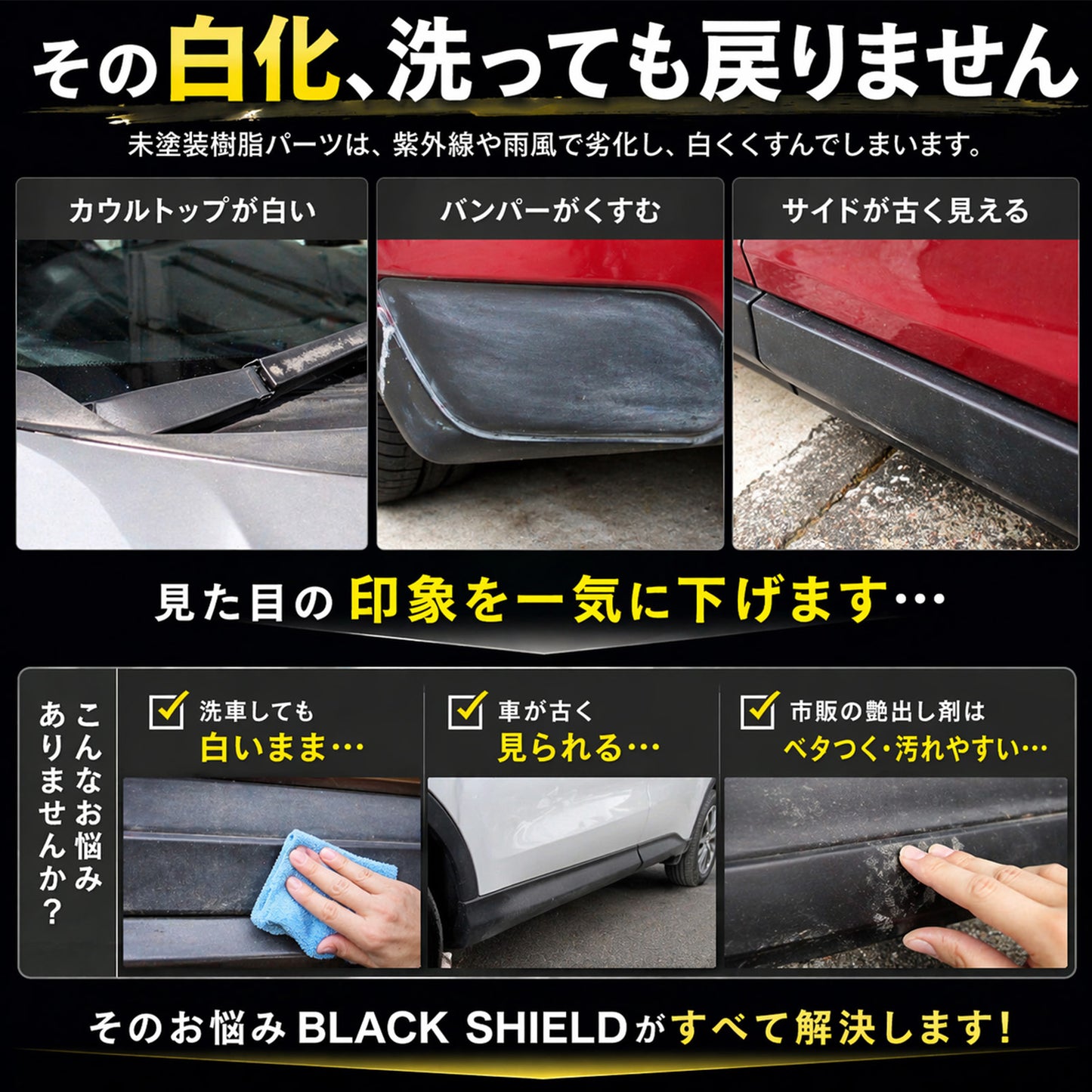 未塗装樹脂の白化を黒艶復活 BLACK SHIELD 樹脂専用コーティング 1年耐久 日本製 30ml