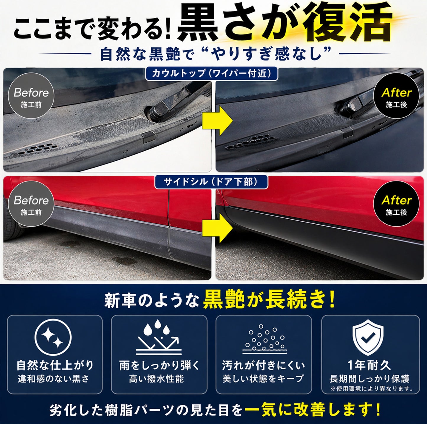 未塗装樹脂の白化を黒艶復活 BLACK SHIELD 樹脂専用コーティング 1年耐久 日本製 30ml