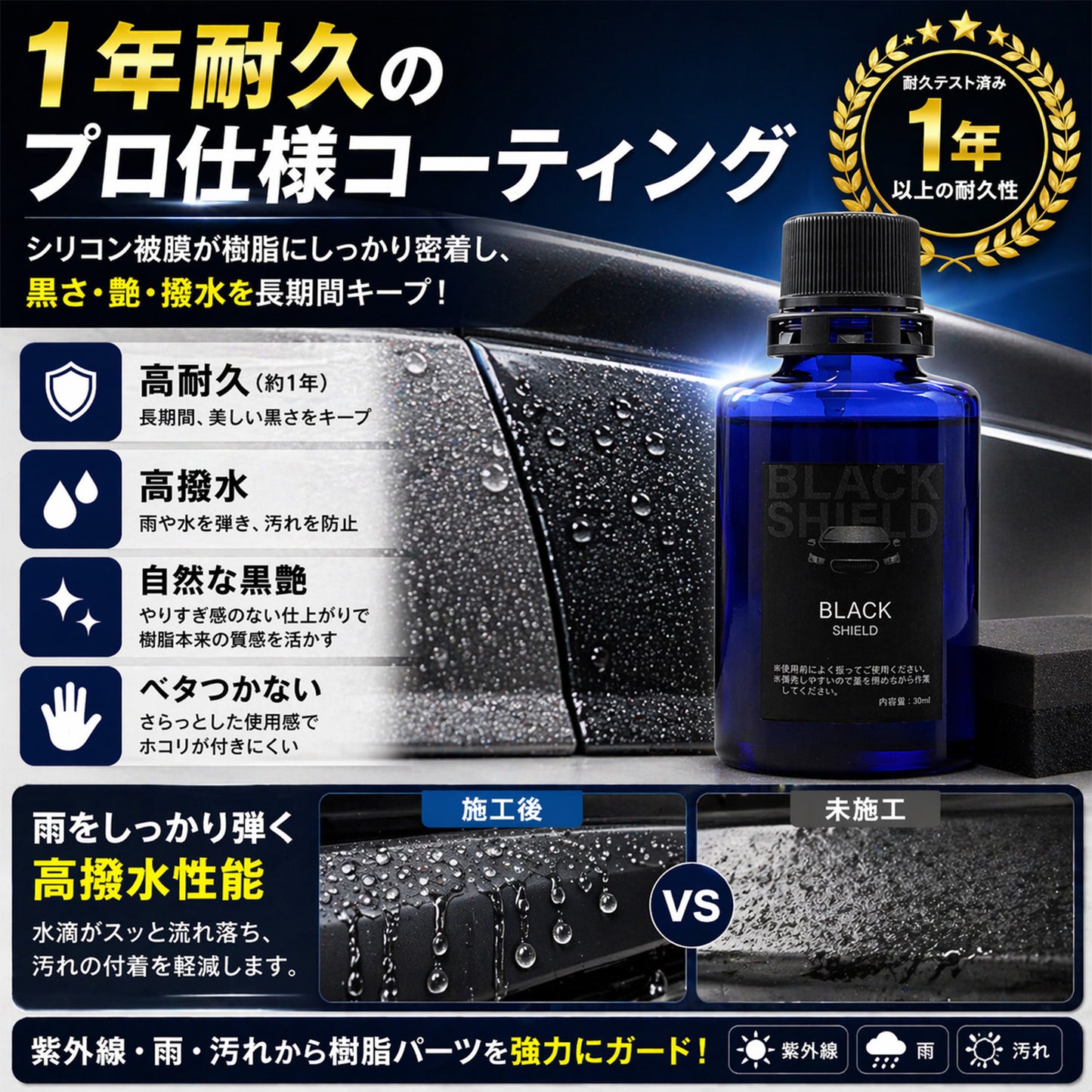 未塗装樹脂の白化を黒艶復活 BLACK SHIELD 樹脂専用コーティング 1年耐久 日本製 30ml