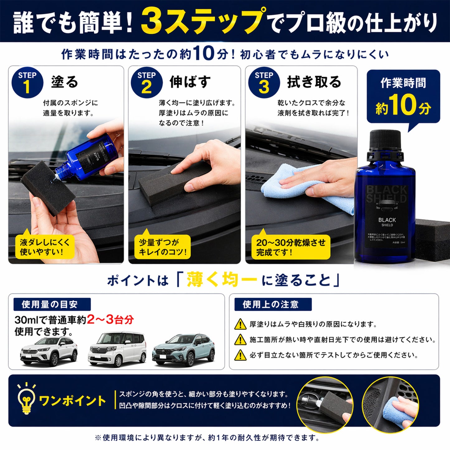 未塗装樹脂の白化を黒艶復活 BLACK SHIELD 樹脂専用コーティング 1年耐久 日本製 30ml