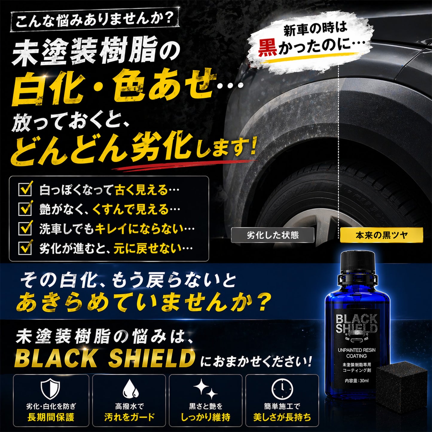 未塗装樹脂コーティング剤 BLACK SHIELD｜黒復活・白化補修・高撥水・UVカット｜車・バイク対応｜約1年耐久・簡単施工・日本製