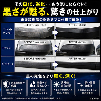 未塗装樹脂コーティング剤 BLACK SHIELD｜黒復活・白化補修・高撥水・UVカット｜車・バイク対応｜約1年耐久・簡単施工・日本製