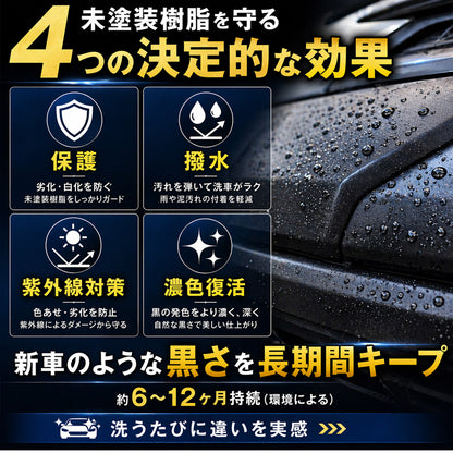 未塗装樹脂コーティング剤 BLACK SHIELD｜黒復活・白化補修・高撥水・UVカット｜車・バイク対応｜約1年耐久・簡単施工・日本製