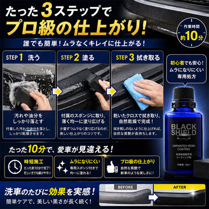 未塗装樹脂コーティング剤 BLACK SHIELD｜黒復活・白化補修・高撥水・UVカット｜車・バイク対応｜約1年耐久・簡単施工・日本製