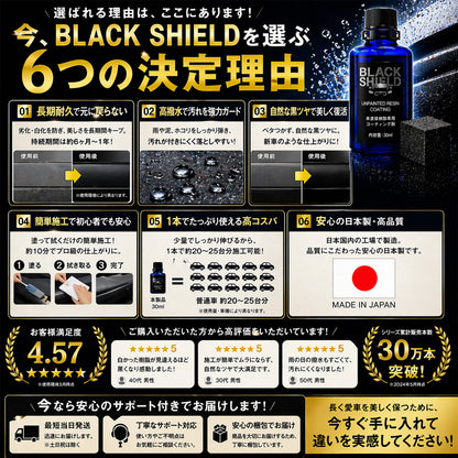 未塗装樹脂コーティング剤 BLACK SHIELD｜黒復活・白化補修・高撥水・UVカット｜車・バイク対応｜約1年耐久・簡単施工・日本製