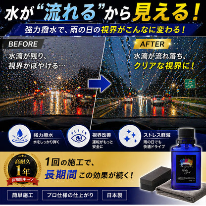 雨でも視界くっきり 車用ガラス撥水コーティング30ml 日本製 1年耐久 プロ仕様 超撥水
