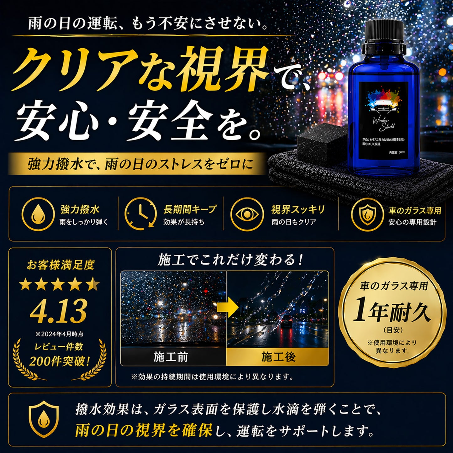 雨でも視界くっきり 車用ガラス撥水コーティング30ml 日本製 1年耐久 プロ仕様 超撥水