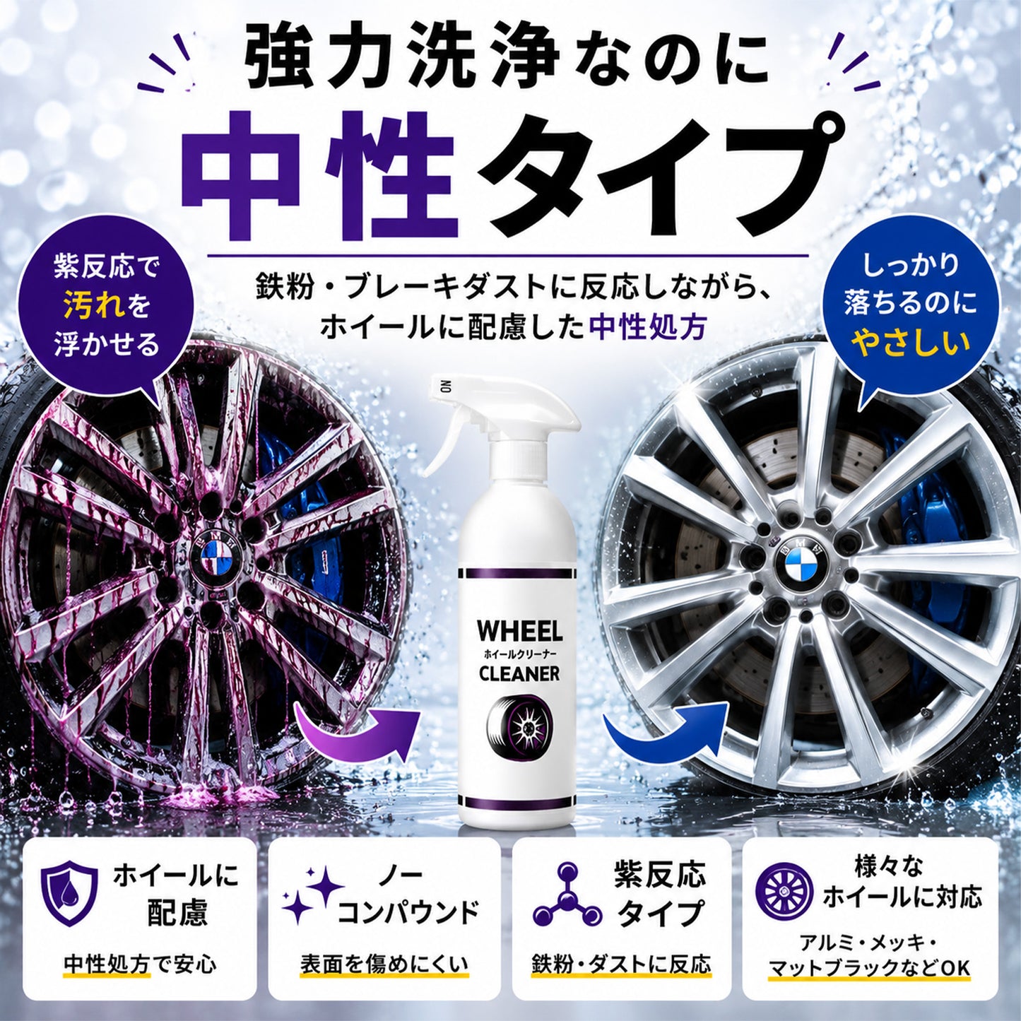 中性で安心 鉄粉に反応するホイールクリーナー500ml クロス付 ブレーキダスト対応強力洗浄