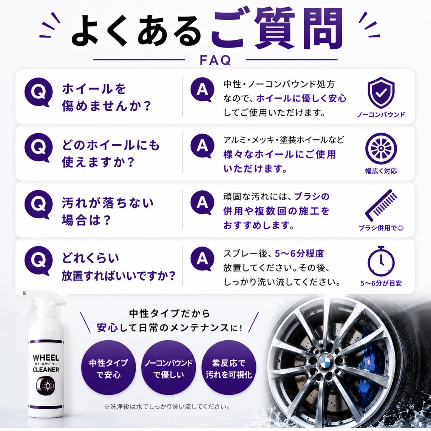 中性で安心 鉄粉に反応するホイールクリーナー500ml クロス付 ブレーキダスト対応強力洗浄