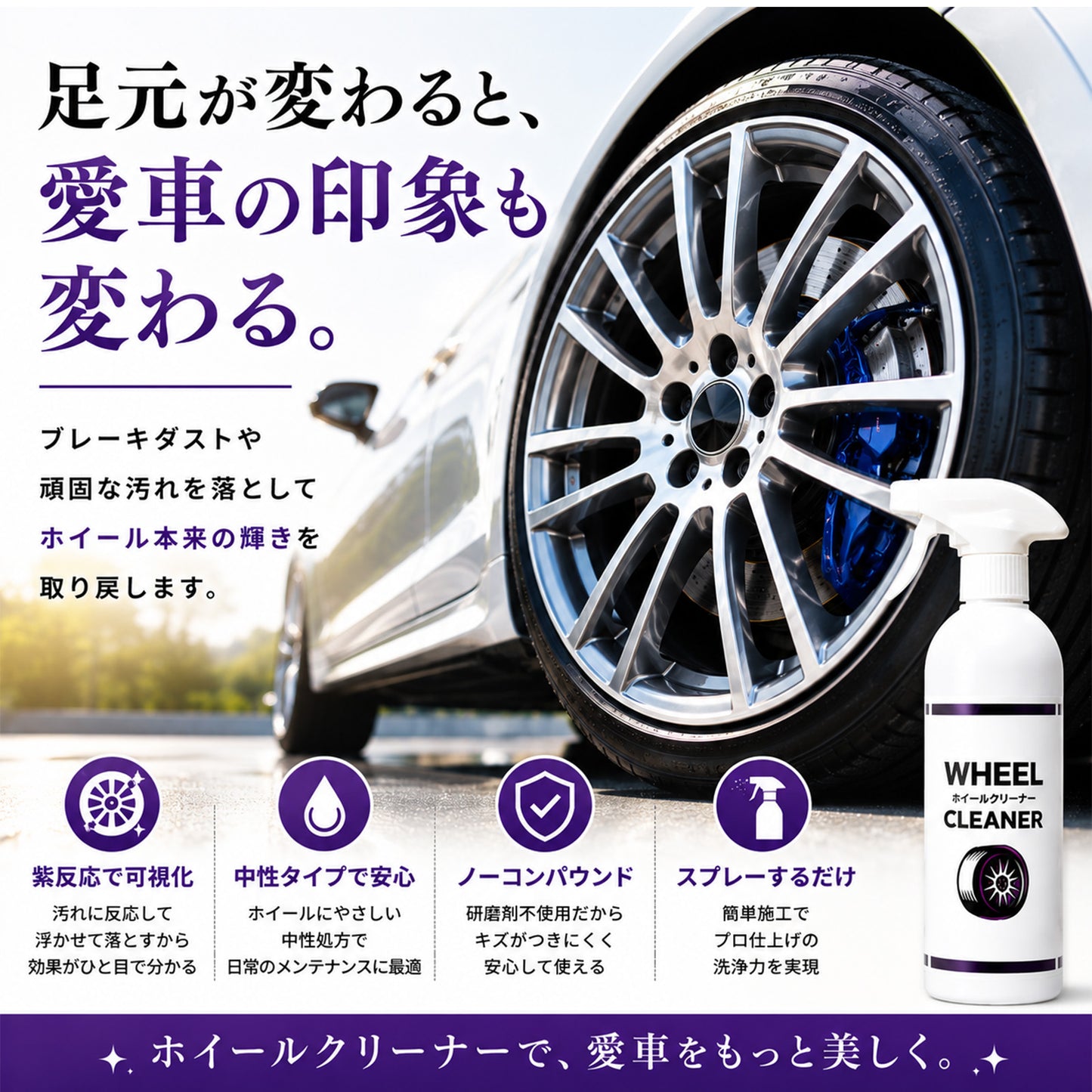 中性で安心 鉄粉に反応するホイールクリーナー500ml クロス付 ブレーキダスト対応強力洗浄