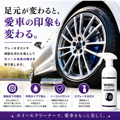 中性で安心 鉄粉に反応するホイールクリーナー500ml クロス付 ブレーキダスト対応強力洗浄