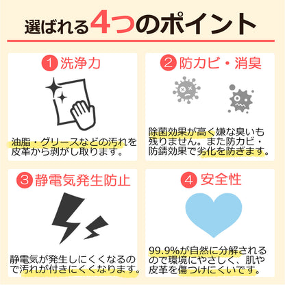 革の黒ずみを一拭きで落とす日本製レザークリーナー300ml 本革対応 財布バッグ車シート消臭防カビ