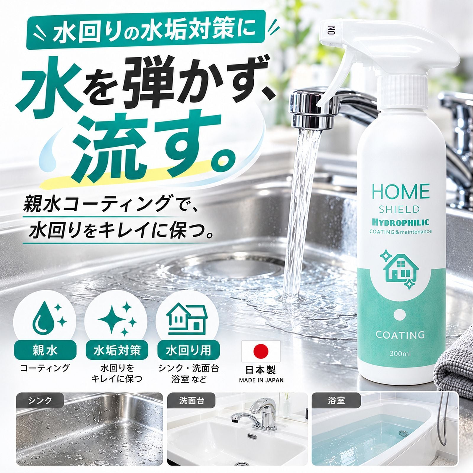 親水コーティング剤 水回り用｜水垢対策 シンク・洗面台 ガラス