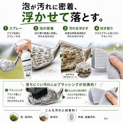 ゴルフクラブクリーナー 泡スプレー 300ml 日本製 クラブヘッド専用洗浄剤 芝・泥・砂・皮脂汚れ対応 アイアン・ドライバー対応 約100本以上 メンテナンス用品