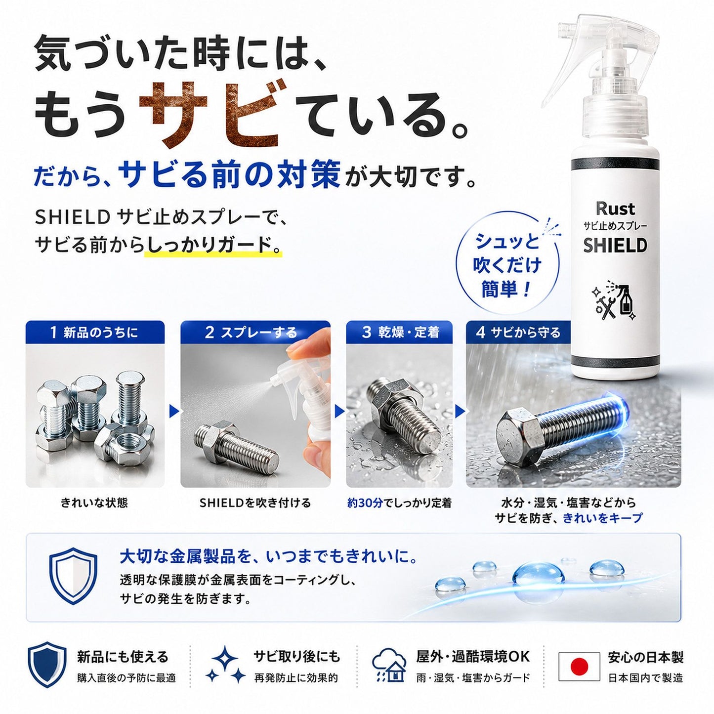 SHIELD 防錆スプレー 100ml 日本製 透明コーティング サビ再発防止・サビ予防 金属保護 速乾 屋外対応