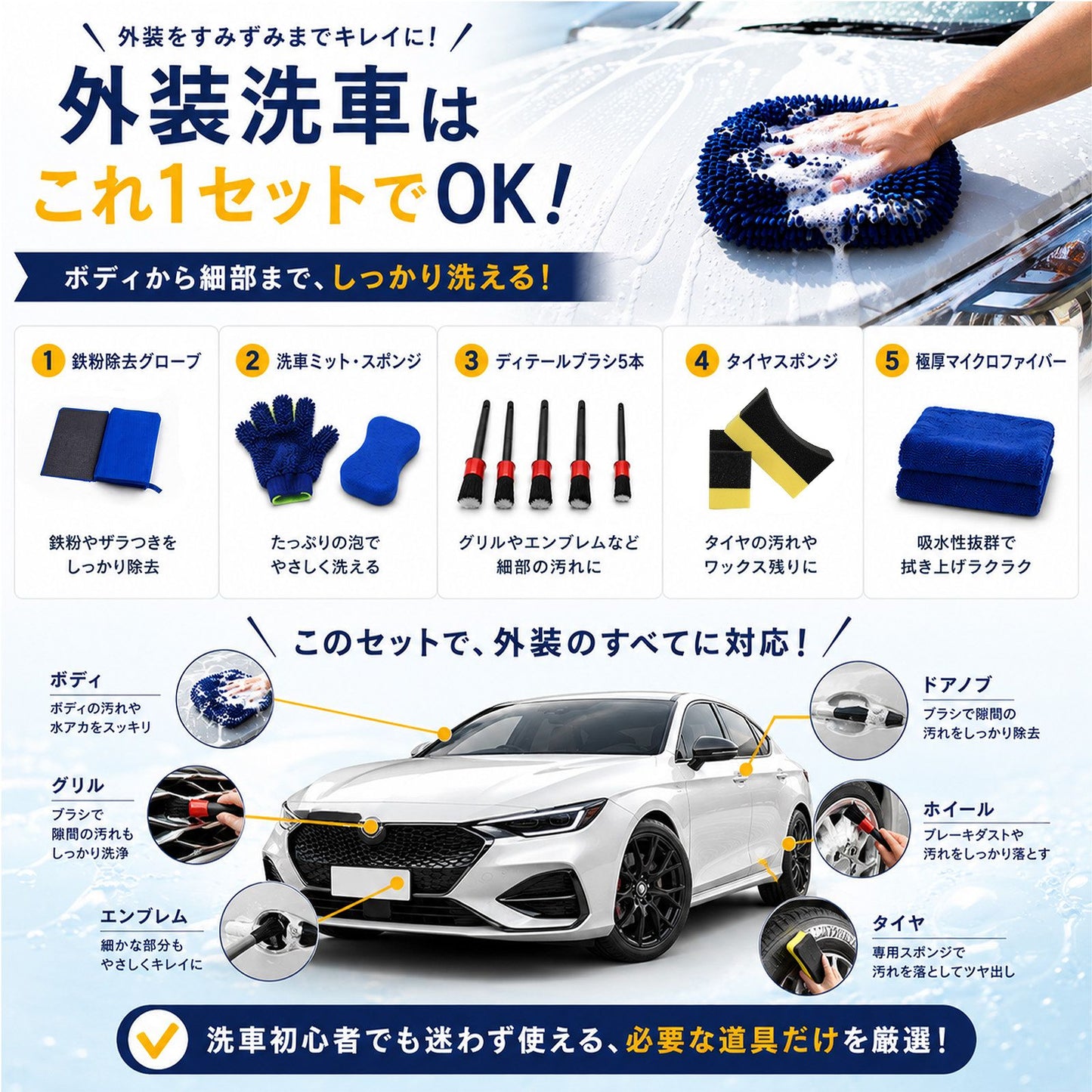 洗車セット 13点 洗車用品セット 初心者向け 手洗い洗車 外装・内装対応 収納バッグ付き 新車・コーティング車対応 洗車グッズ一式