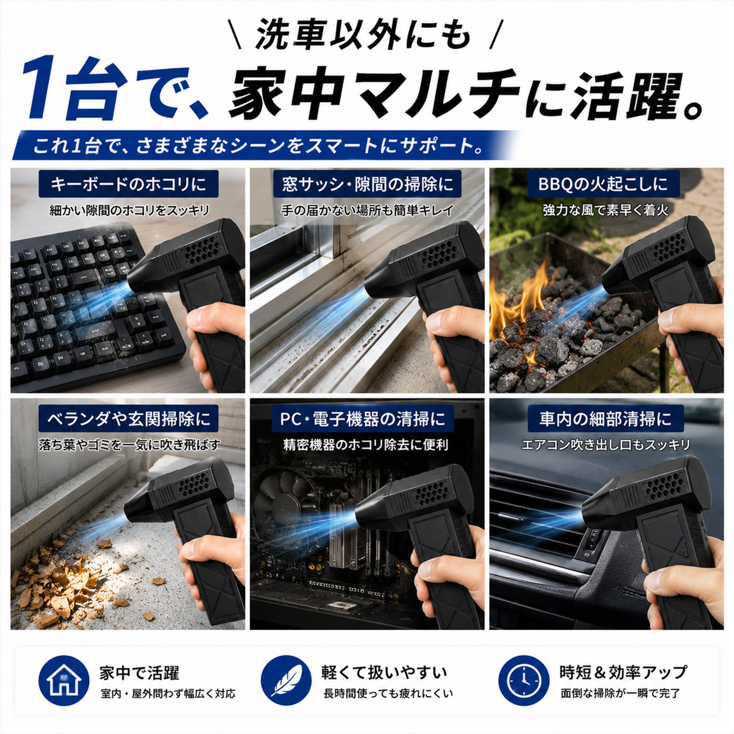 洗車用コードレスブロワー 強力52m/s 130000RPM 小型充電式 水滴飛ばし エアダスター 無段階風量調整 LED搭載 コーティング車対応