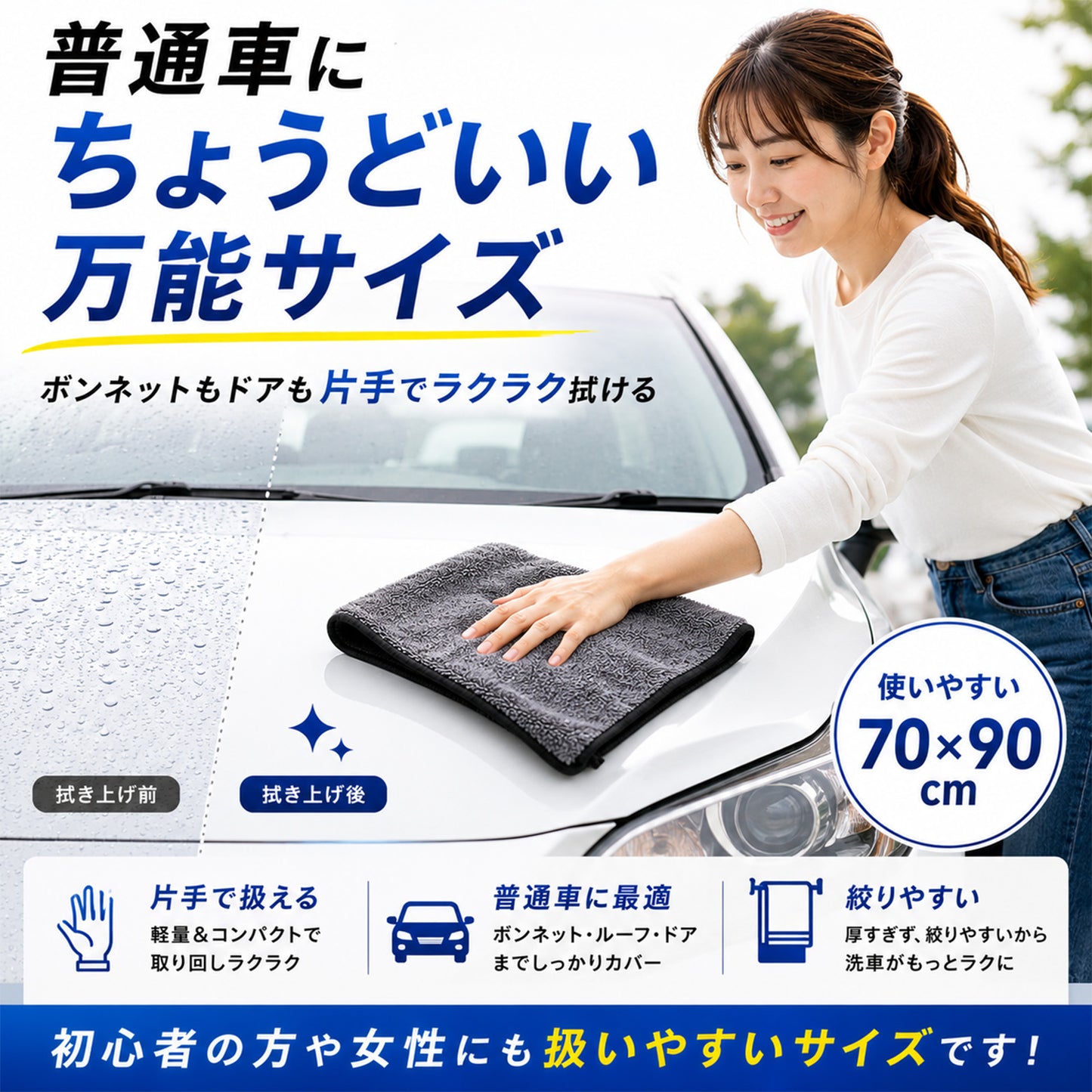 洗車タオル 超吸水 大判 70×90cm 650GSM マイクロファイバークロス 拭き上げ 時短 両面仕様 コーティング車対応 SUV対応