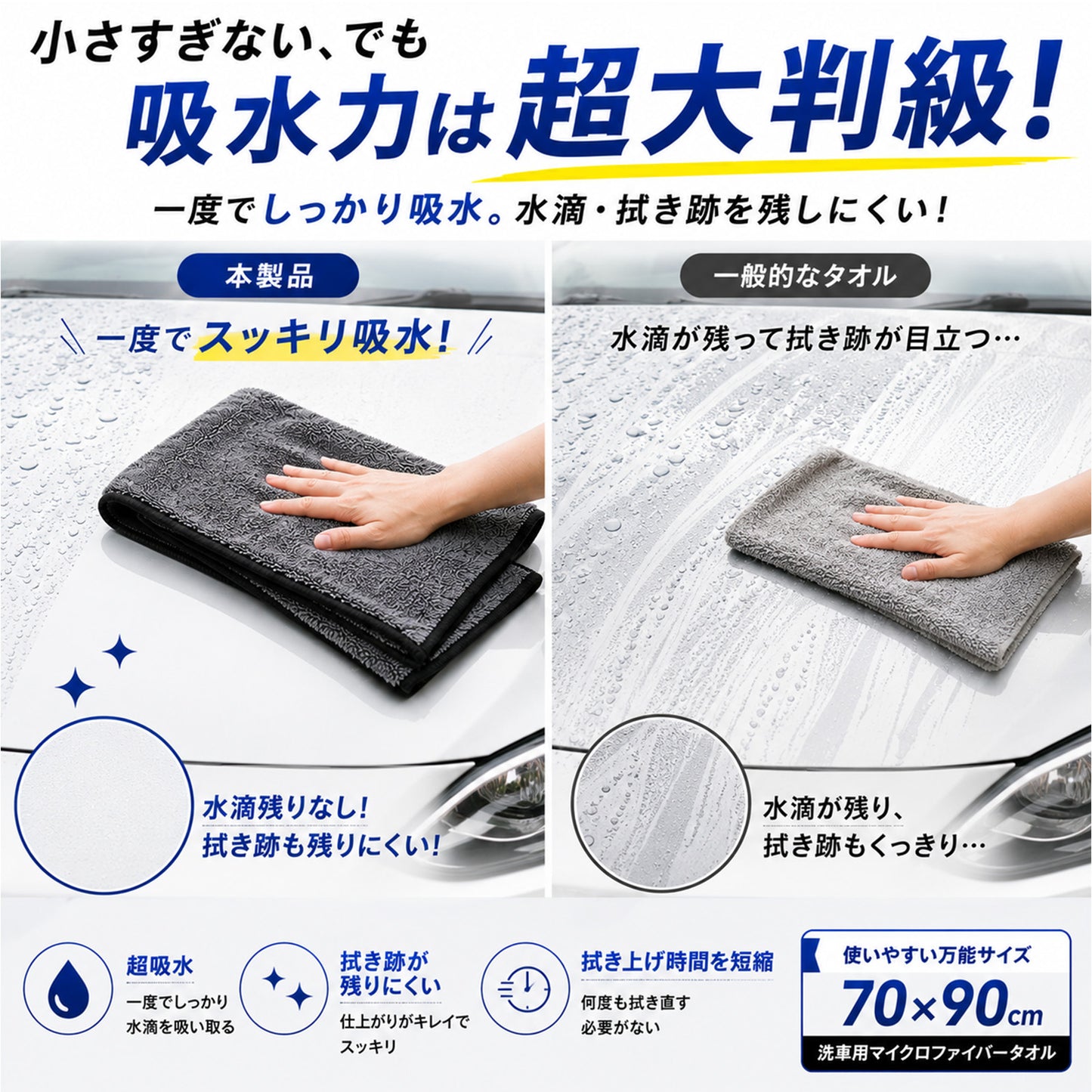 洗車タオル 超吸水 大判 70×90cm 650GSM マイクロファイバークロス 拭き上げ 時短 両面仕様 コーティング車対応 SUV対応