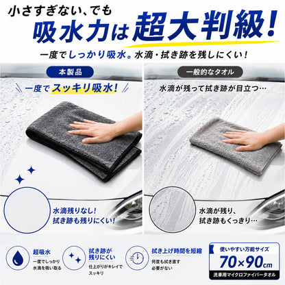 洗車タオル 超吸水 大判 70×90cm 650GSM マイクロファイバークロス 拭き上げ 時短 両面仕様 コーティング車対応 SUV対応