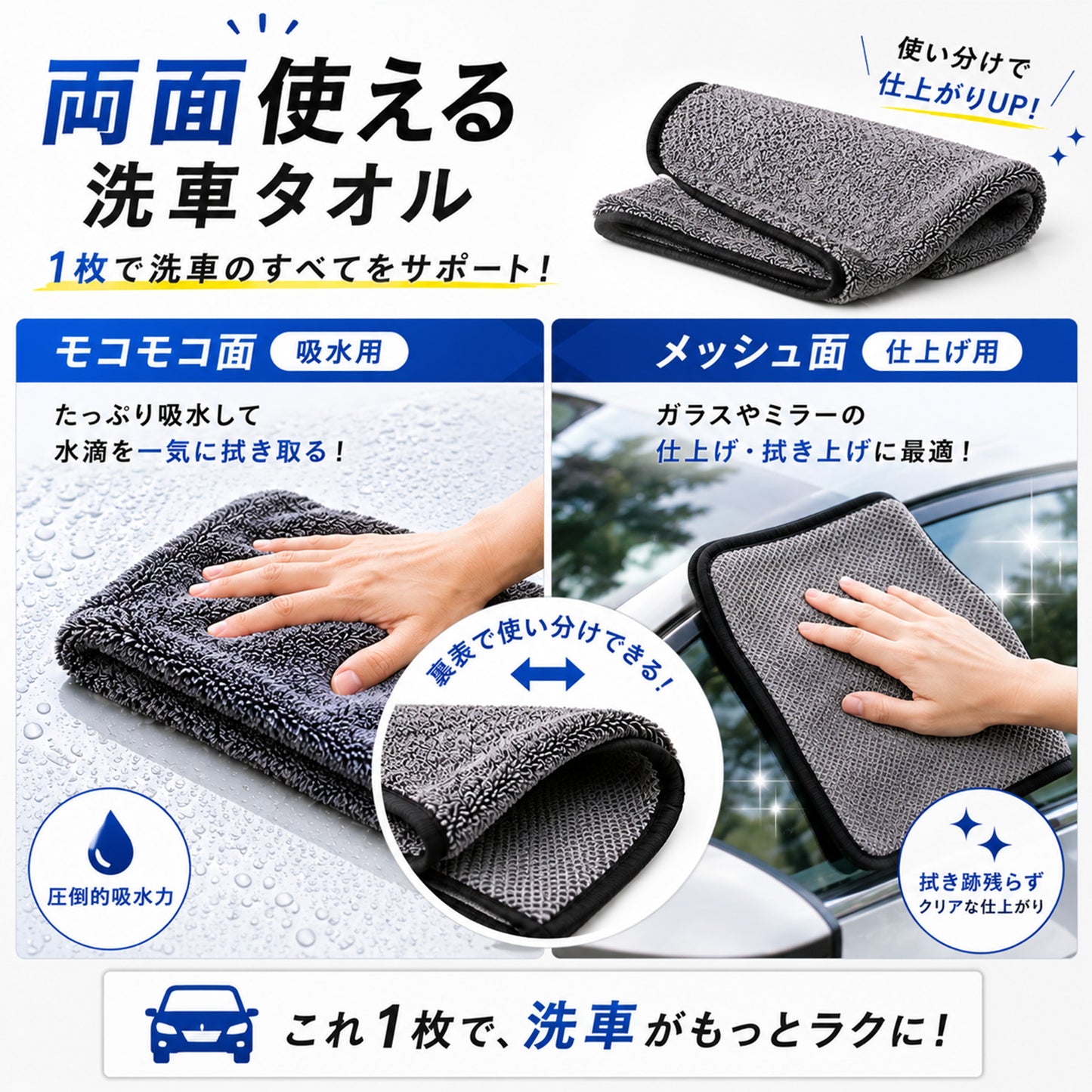 洗車タオル 超吸水 大判 70×90cm 650GSM マイクロファイバークロス 拭き上げ 時短 両面仕様 コーティング車対応 SUV対応