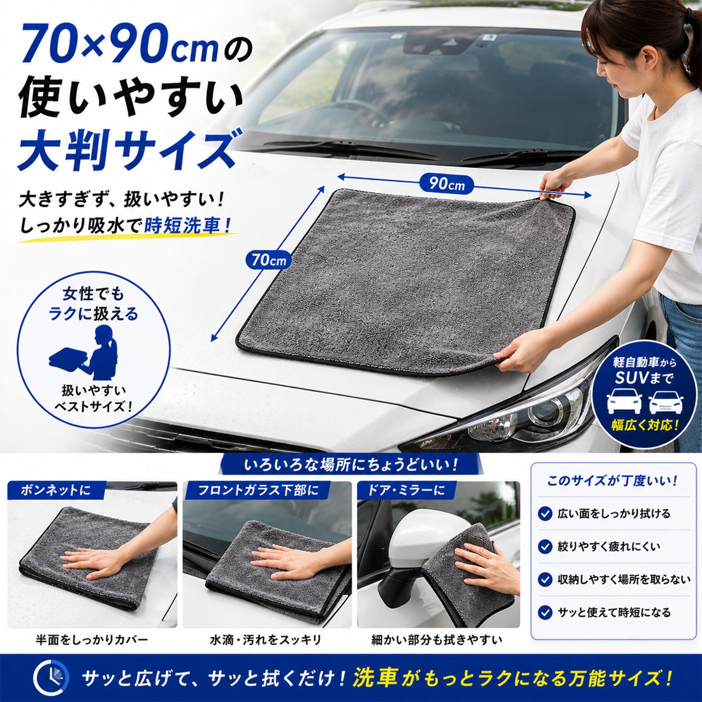 洗車タオル 超吸水 大判 70×90cm 650GSM マイクロファイバークロス 拭き上げ 時短 両面仕様 コーティング車対応 SUV対応