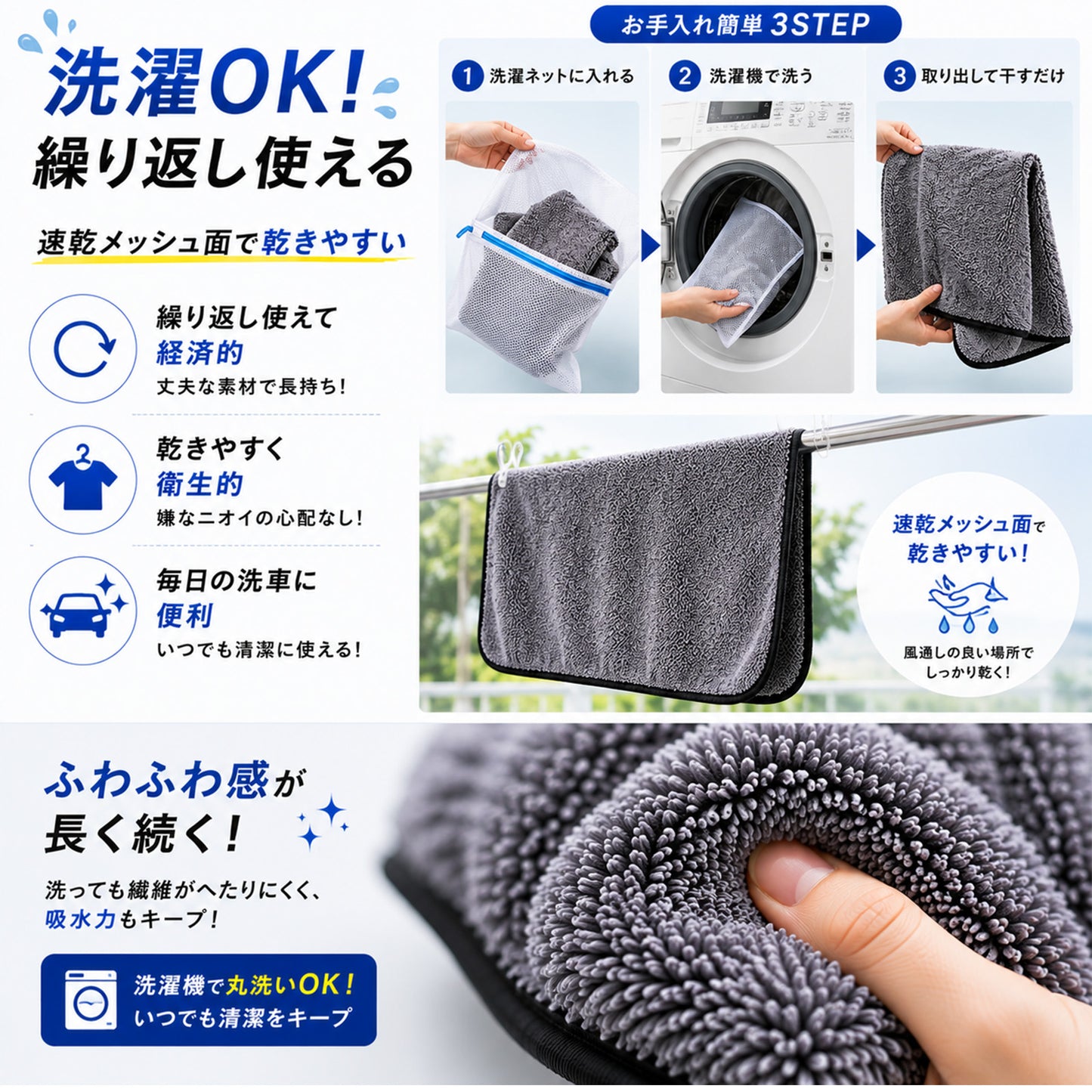 洗車タオル 超吸水 大判 70×90cm 650GSM マイクロファイバークロス 拭き上げ 時短 両面仕様 コーティング車対応 SUV対応