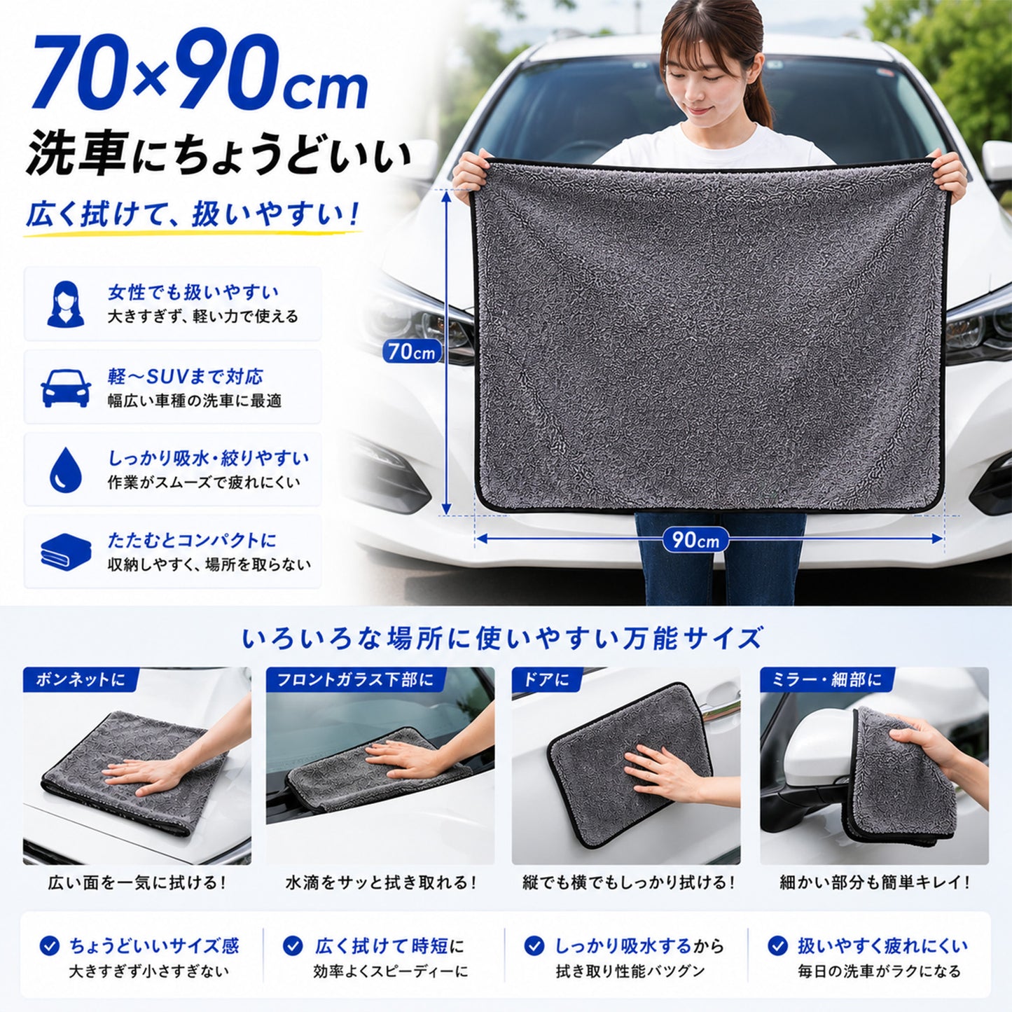 洗車タオル 超吸水 大判 70×90cm 650GSM マイクロファイバークロス 拭き上げ 時短 両面仕様 コーティング車対応 SUV対応