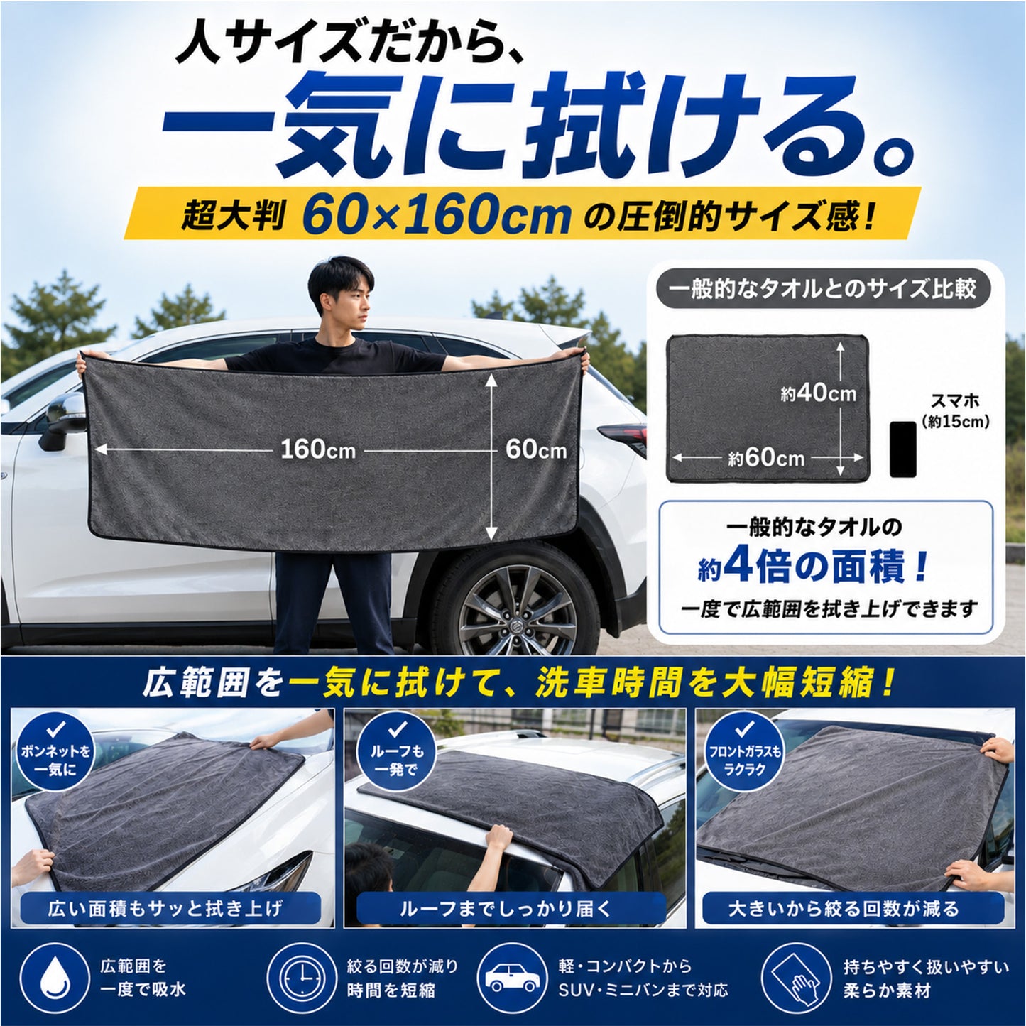 洗車タオル 超大判 60×160cm 超吸水 650GSM マイクロファイバークロス 一気拭き SUV ミニバン対応 ルーフ拭き上げ 時短 洗車クロス 傷防止
