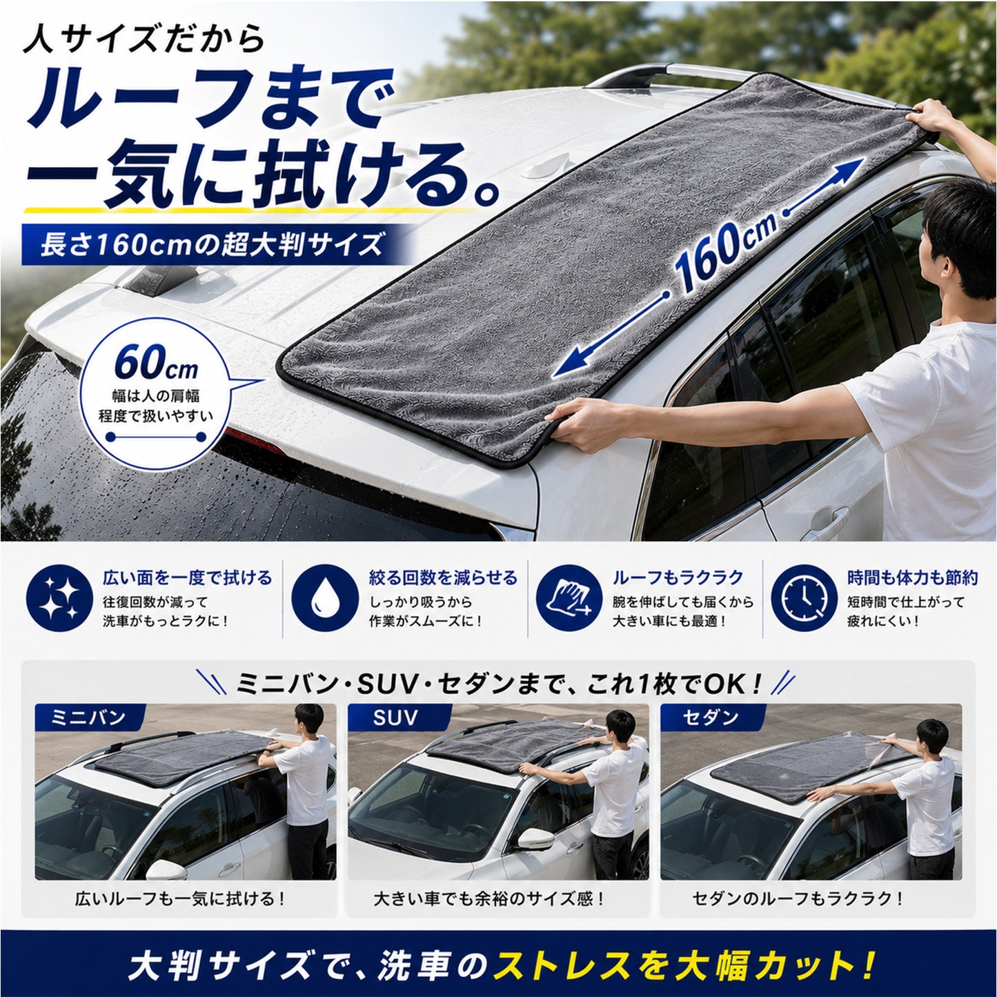 洗車タオル 超大判 60×160cm 超吸水 650GSM マイクロファイバークロス 一気拭き SUV ミニバン対応 ルーフ拭き上げ 時短 洗車クロス 傷防止