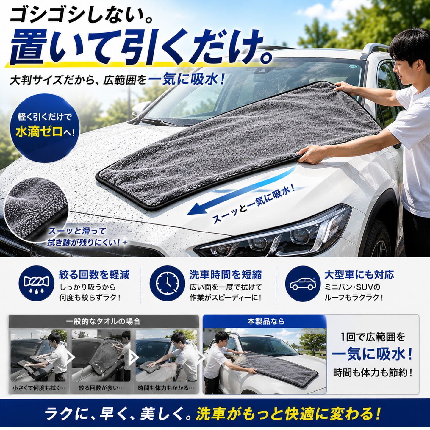 洗車タオル 超大判 60×160cm 超吸水 650GSM マイクロファイバークロス 一気拭き SUV ミニバン対応 ルーフ拭き上げ 時短 洗車クロス 傷防止