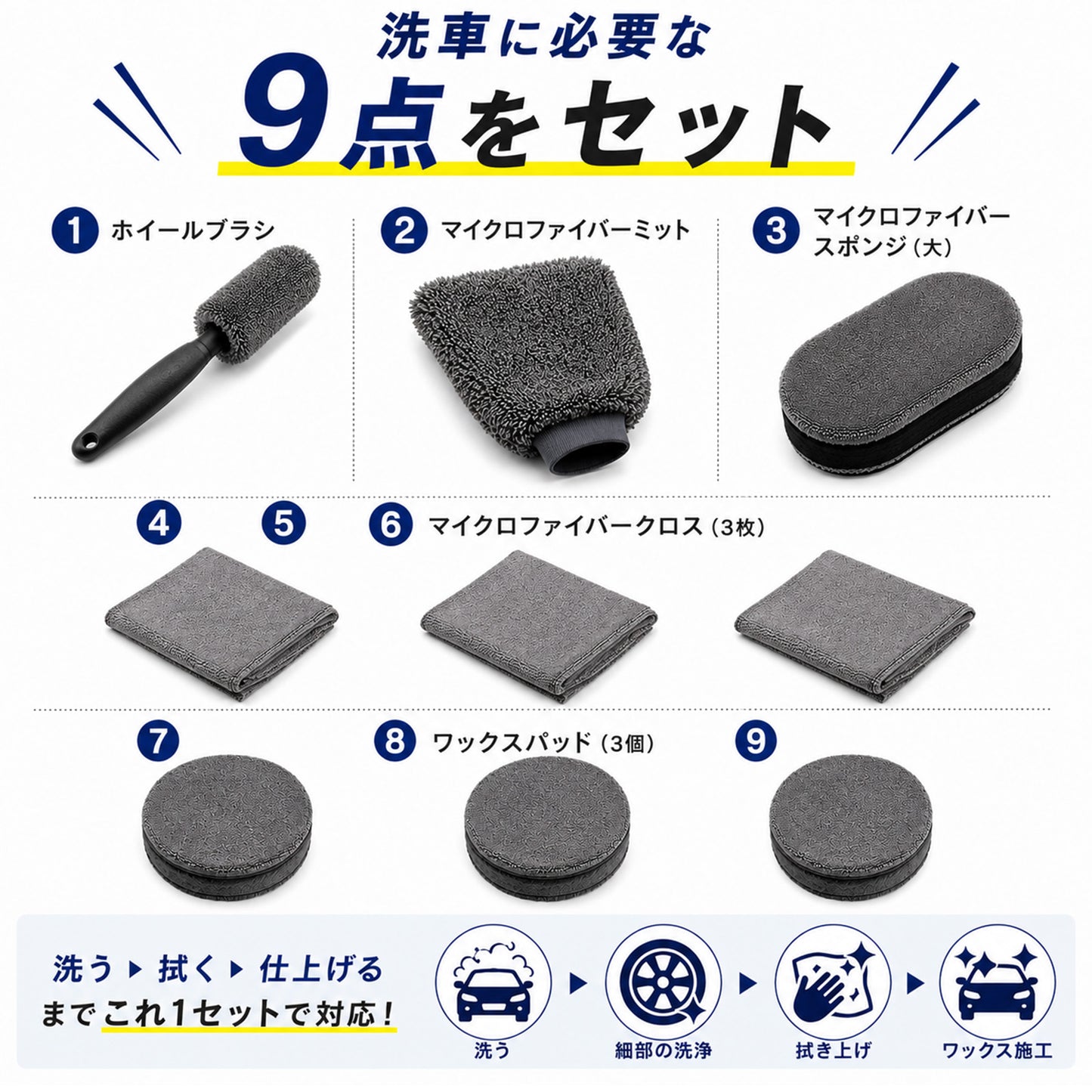 洗車セット 9点 洗車用品セット 初心者向け 手洗い洗車セット 洗車ミット ホイールブラシ マイクロファイバークロス3枚 ワックスパッド付 カーケア用品 一式