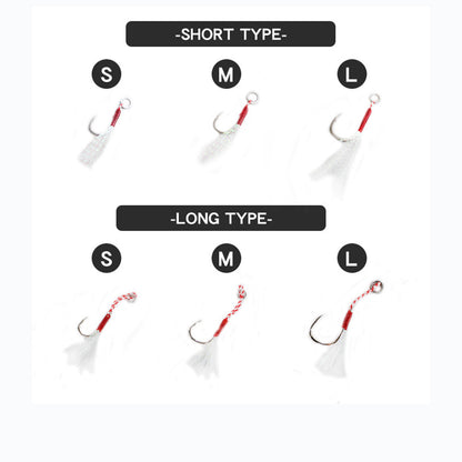 アシストフック 5本セット ティンセル付き フロント用 リア用 ロング ショート S M L ショアジギング SLJ メタルジグ ジギングフック 高強度リング 耐腐食メッキ 青物 シーバス ヒラメ 交換用