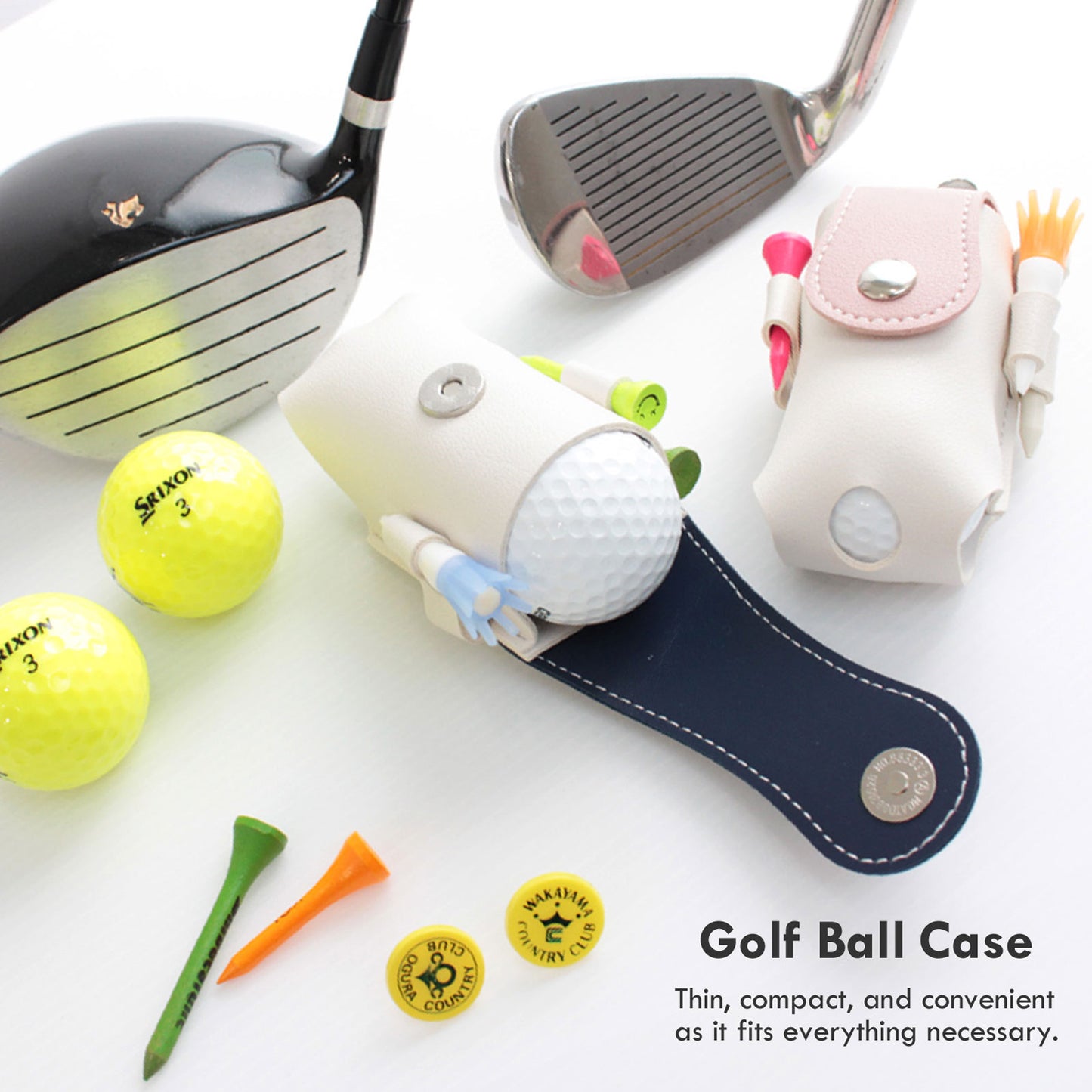 名入れで特別感 ゴルフボールケース２個収納 ＰＵレザー マグネット開閉 カラビナ＆ティー一体型 おしゃれギフト向け
