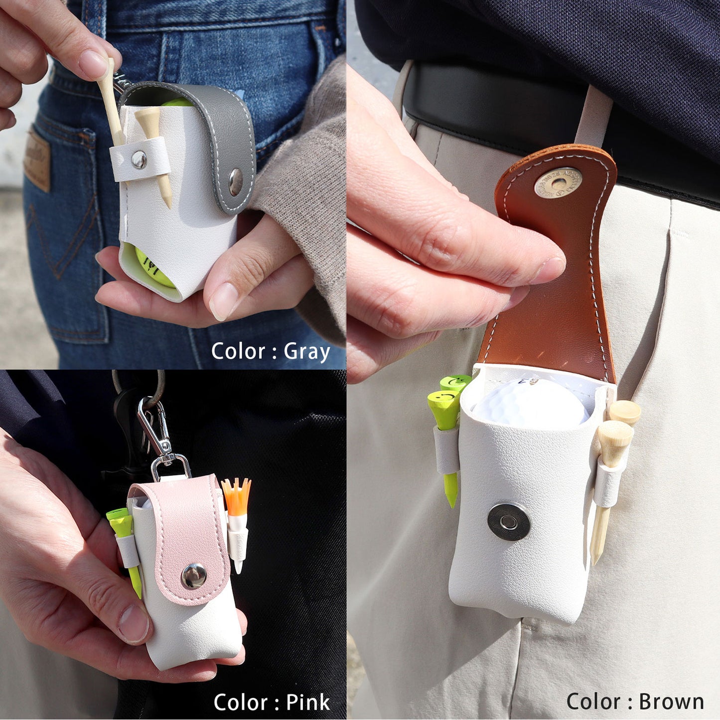 名入れで特別感 ゴルフボールケース２個収納 ＰＵレザー マグネット開閉 カラビナ＆ティー一体型 おしゃれギフト向け