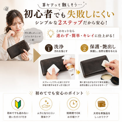 レザーケアセット 革 手入れ 初心者向け 日本製 泡クリーナー コーティング 撥水 防汚 艶出し 本革 合皮 財布 バッグ 革靴 ソファ対応