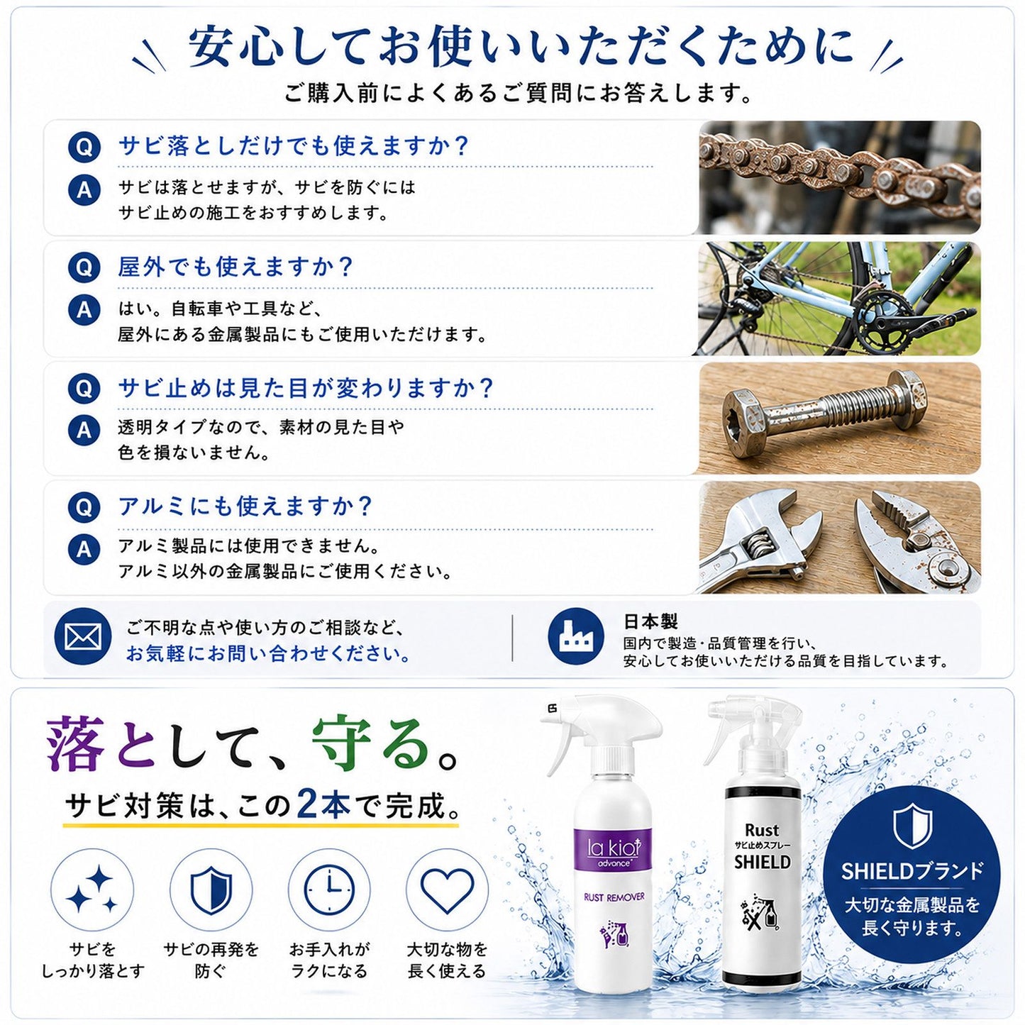 日本製 サビ落とし・防錆スプレーセット サビ再発防止 透明コーティング 自転車・バイク・工具・金属のサビ予防・メンテナンス