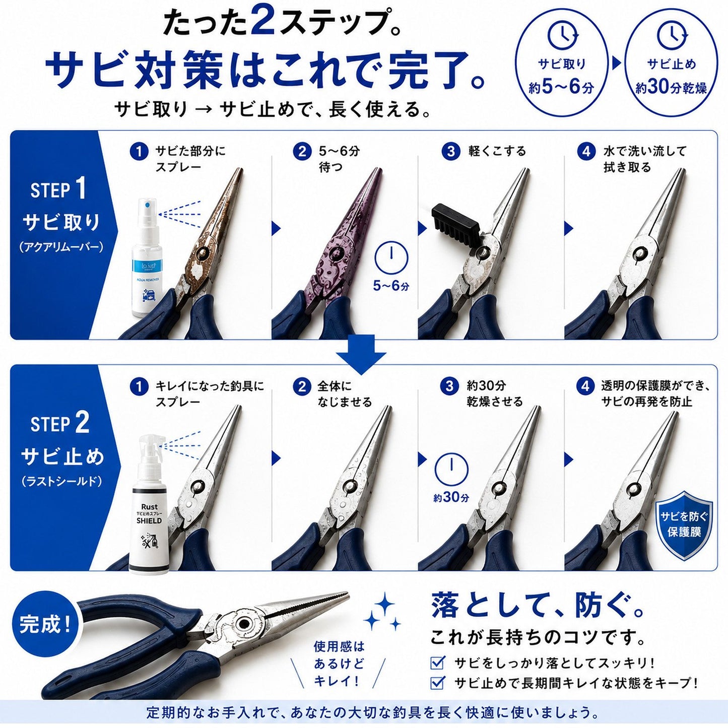釣具メンテナンスセット サビ取り＆防錆スプレー 日本製 リール・プライヤー対応 クロス付き 海釣り 塩害対策 ステンレス対応  文字数：68文字（70字以内）