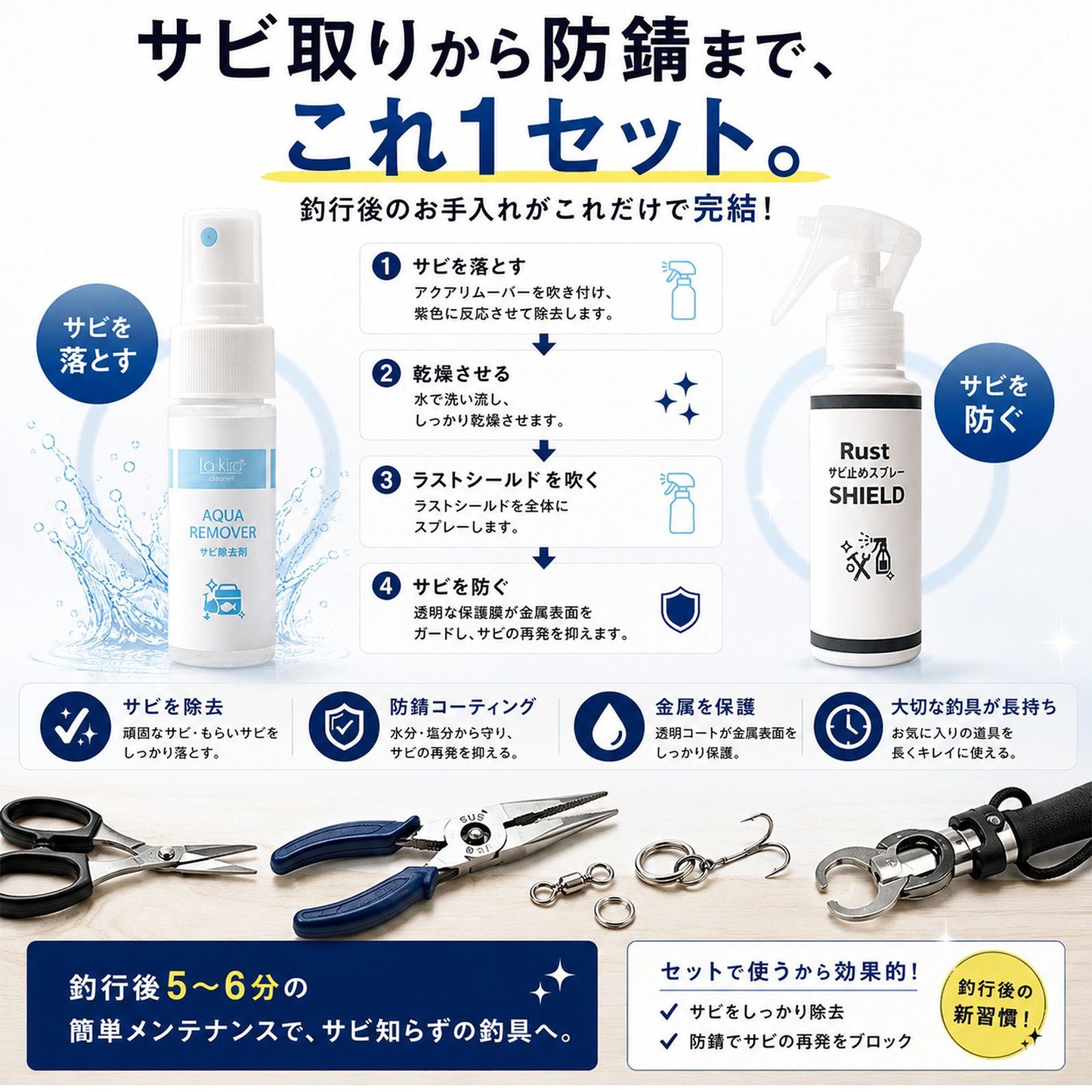 釣具メンテナンスセット サビ取り＆防錆スプレー 日本製 リール・プライヤー対応 クロス付き 海釣り 塩害対策 ステンレス対応  文字数：68文字（70字以内）