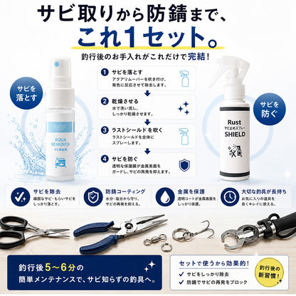 釣具メンテナンスセット サビ取り＆防錆スプレー 日本製 リール・プライヤー対応 クロス付き 海釣り 塩害対策 ステンレス対応  文字数：68文字（70字以内）