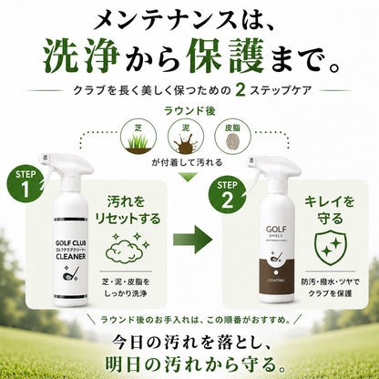 ゴルフクラブメンテナンスセット 日本製 クリーナー・コーティング300ml×2本 クロス付き ゴルフクラブクリーナー 撥水 防汚 艶出し