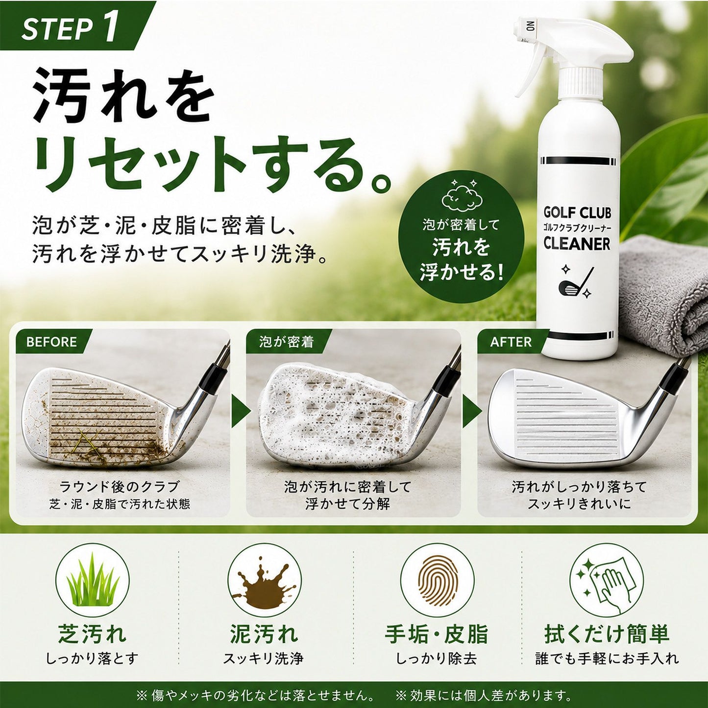 ゴルフクラブメンテナンスセット 日本製 クリーナー・コーティング300ml×2本 クロス付き ゴルフクラブクリーナー 撥水 防汚 艶出し
