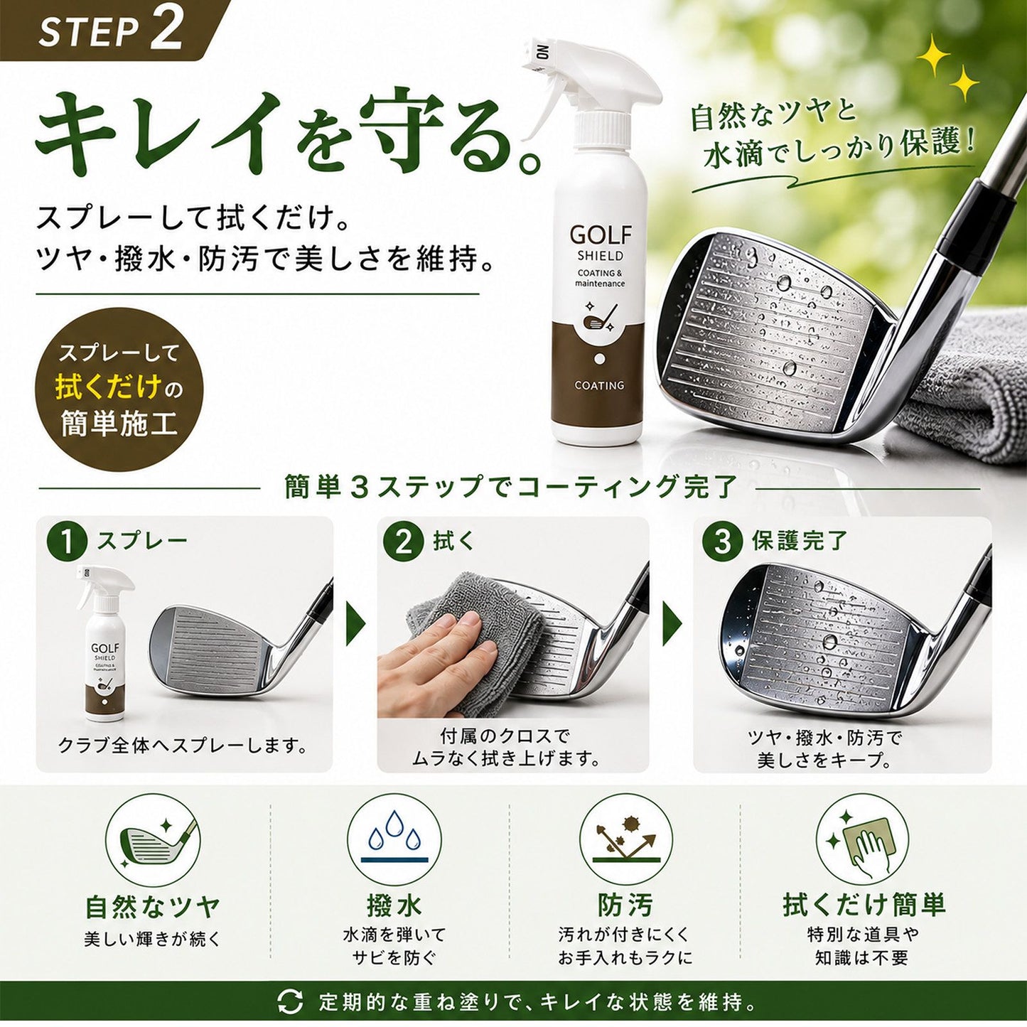 ゴルフクラブメンテナンスセット 日本製 クリーナー・コーティング300ml×2本 クロス付き ゴルフクラブクリーナー 撥水 防汚 艶出し