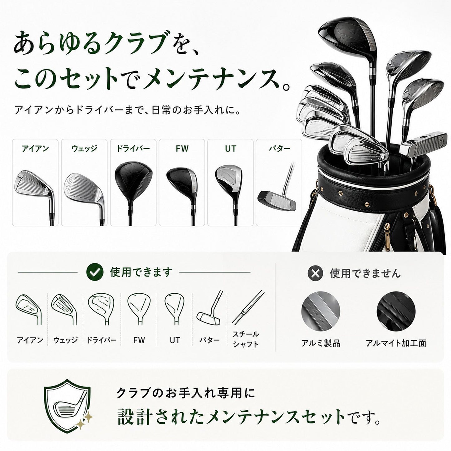ゴルフクラブメンテナンスセット 日本製 クリーナー・コーティング300ml×2本 クロス付き ゴルフクラブクリーナー 撥水 防汚 艶出し
