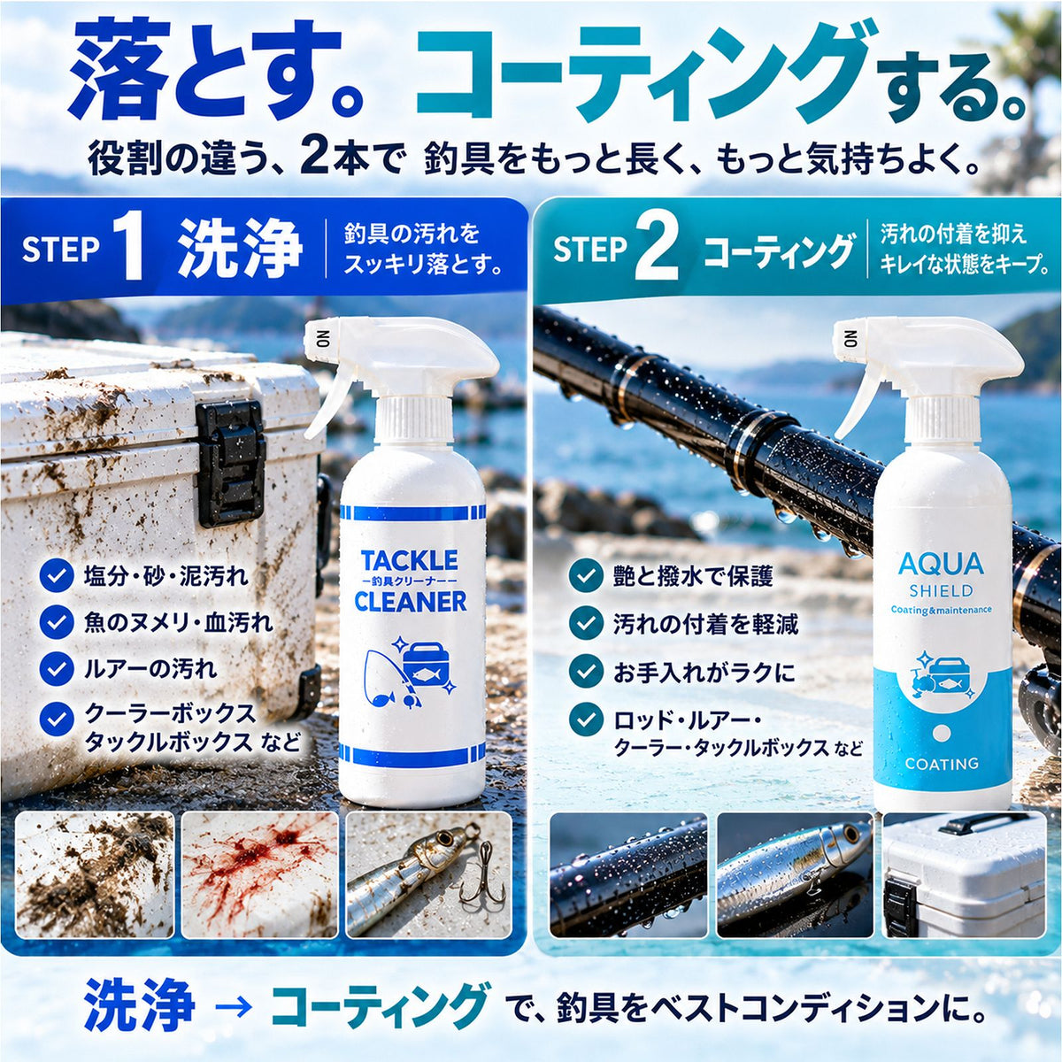釣具メンテナンスセット 洗浄＋撥水・防汚コーティング 2STEP 各300ml 日本製