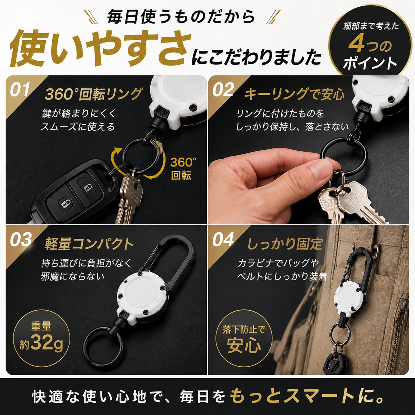 キーリール リールキーホルダー 2個セット カラビナ付き 伸縮 最大60cm ステンレスワイヤー 頑丈 耐荷重200g 落下防止 紛失防止 鍵 パスケース バッグ ベルト 通勤 通学 作業 アウトドア ランドセル